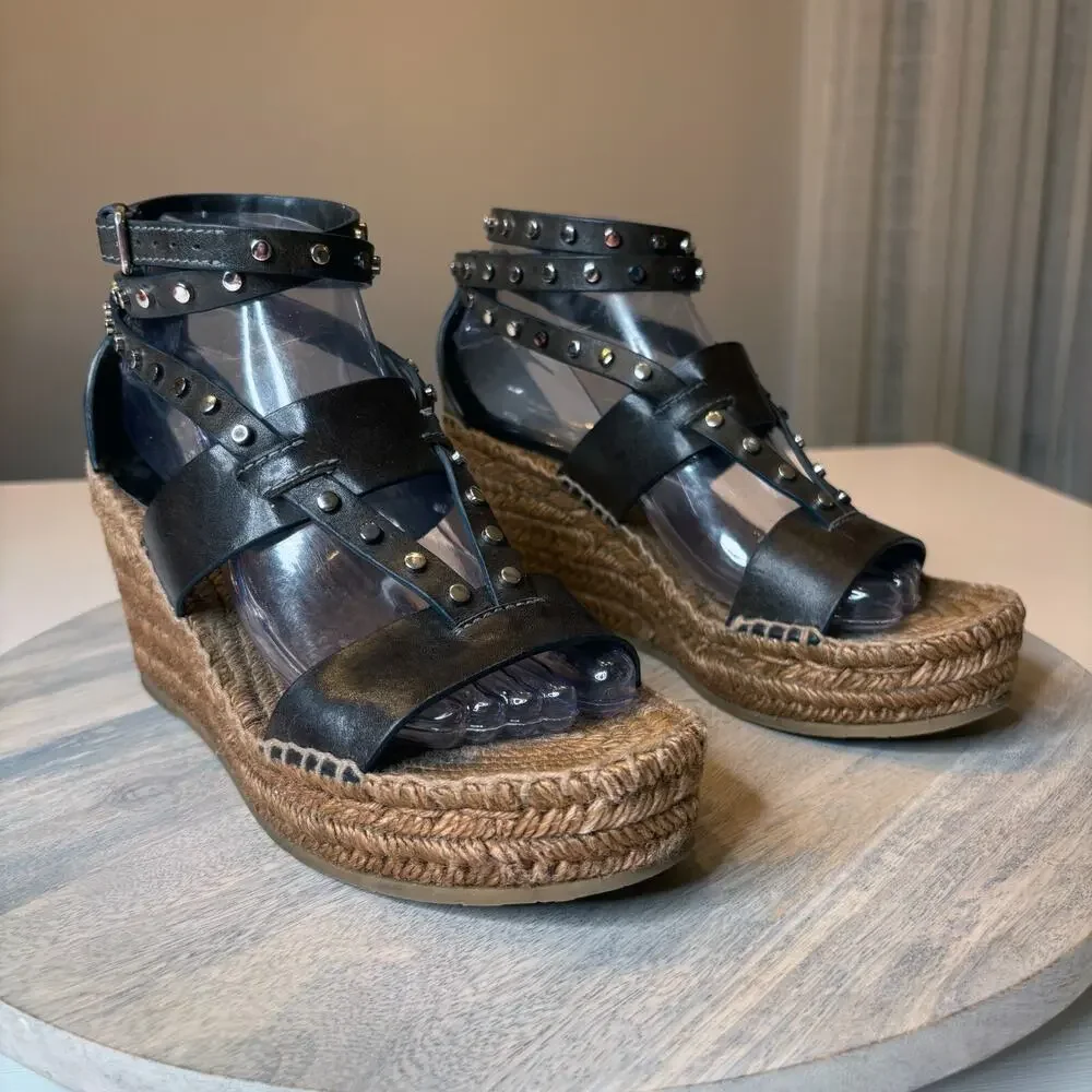 Authentic Jimmy Choo Raffia Calfskin Stud Danica Wedge Sandals US Size 8 EU 38